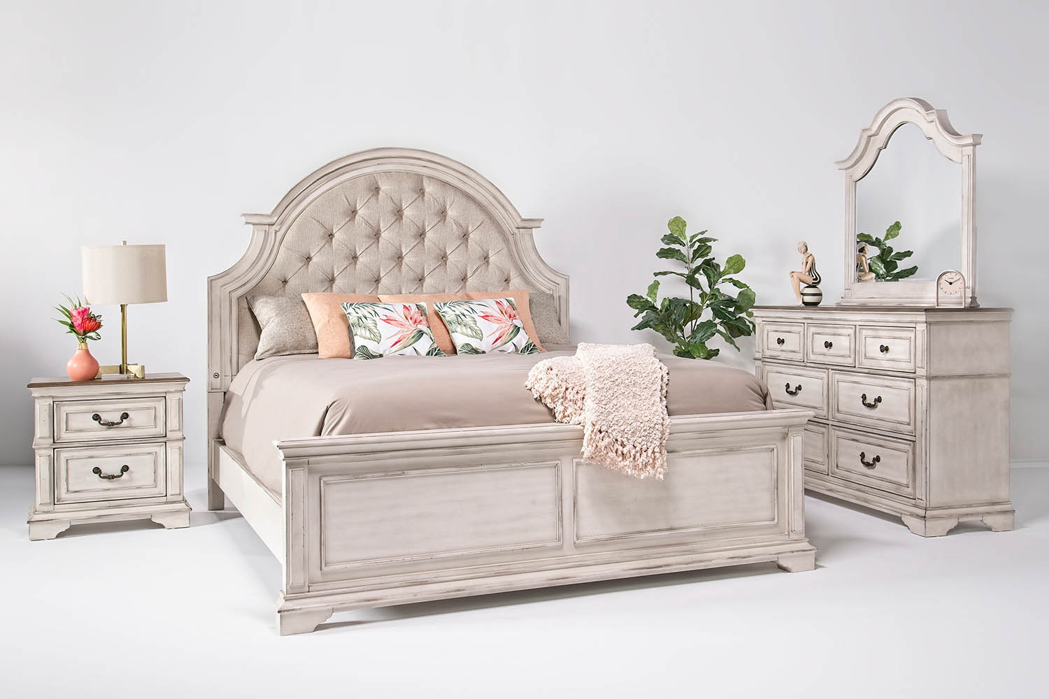 Anastasia Upholstered Panel Bed, Dresser & Mirror in Antique Bisque