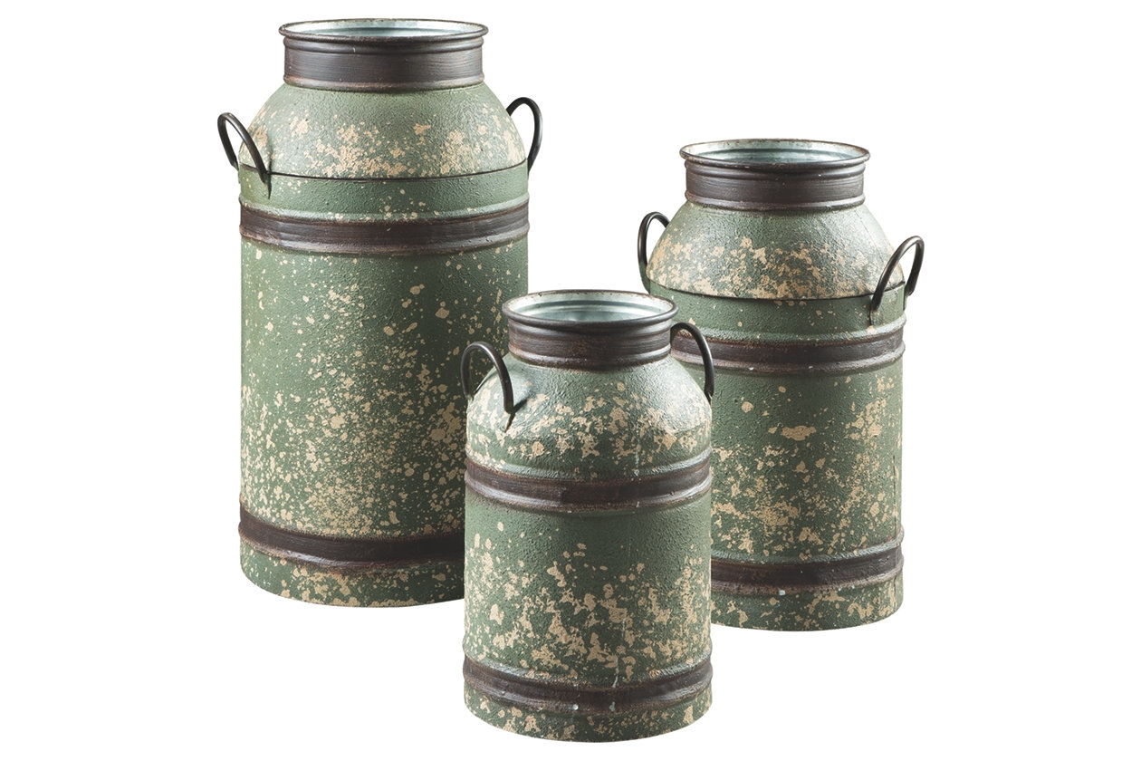 Elke Antique Cans, Set of 3. Green cans with 3 brown stripes and handles. Small, medium, and large cans.