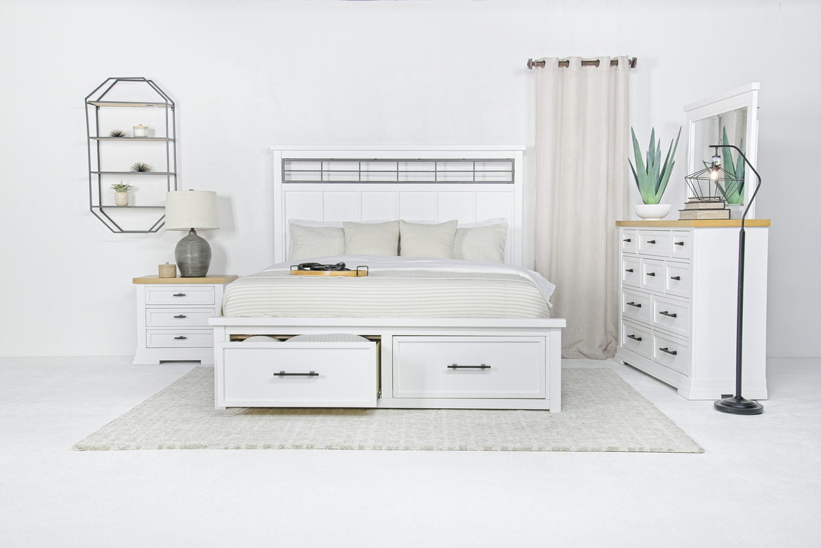 Ashbryn Storage Bed, Dresser, Mirror & Nightstand in White, Eastern King Ashbryn Storage Bed, Dresser, Mirror & Nightstand in White, Eastern King