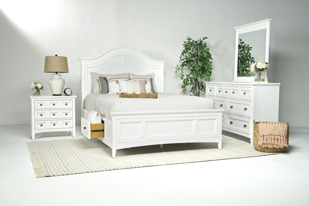 Bay Creek Arch Panel Bed w/ Storage, Dresser, Mirror & Nightstand in White,  CA King