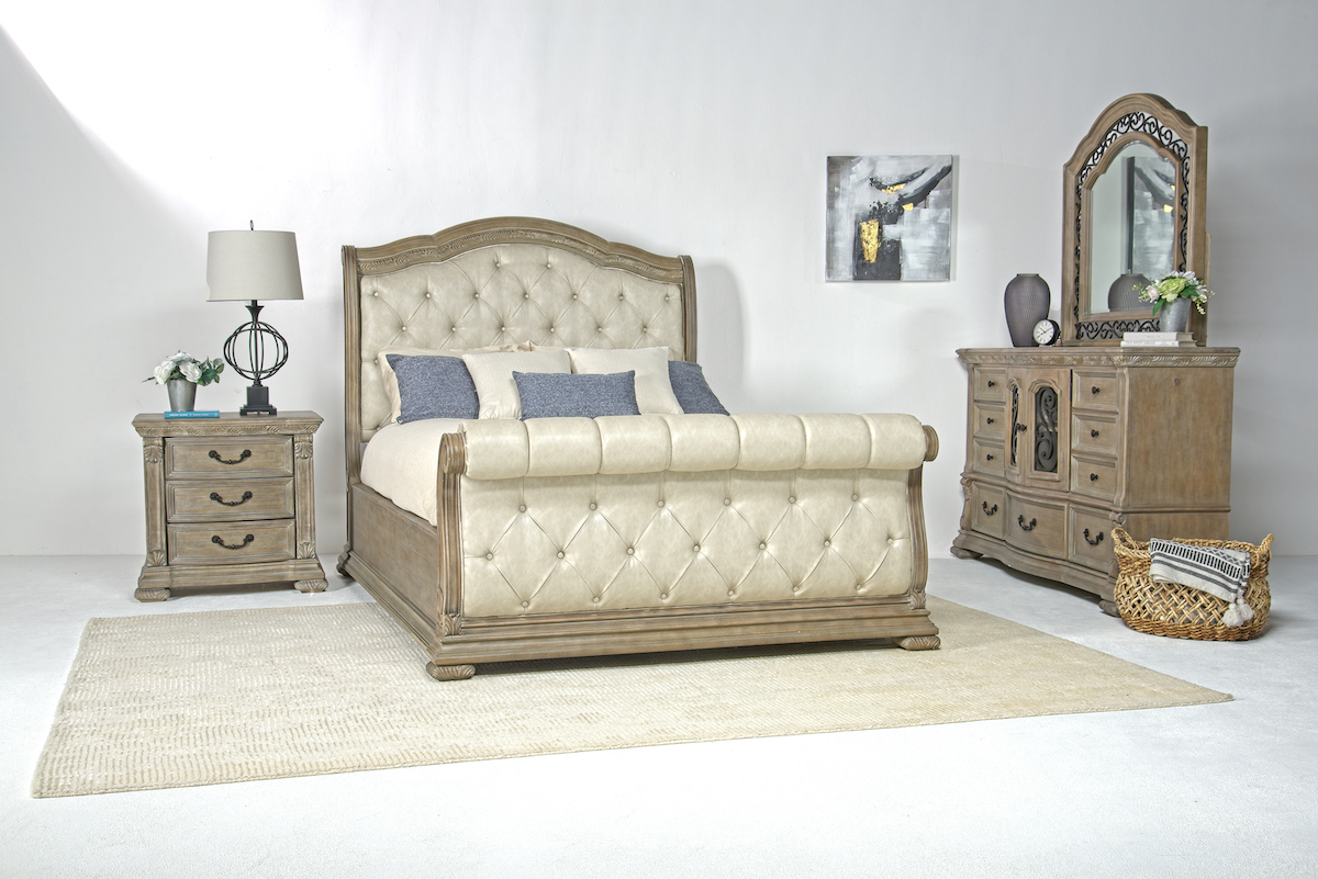 Upholstered sleigh hotsell bed queen
