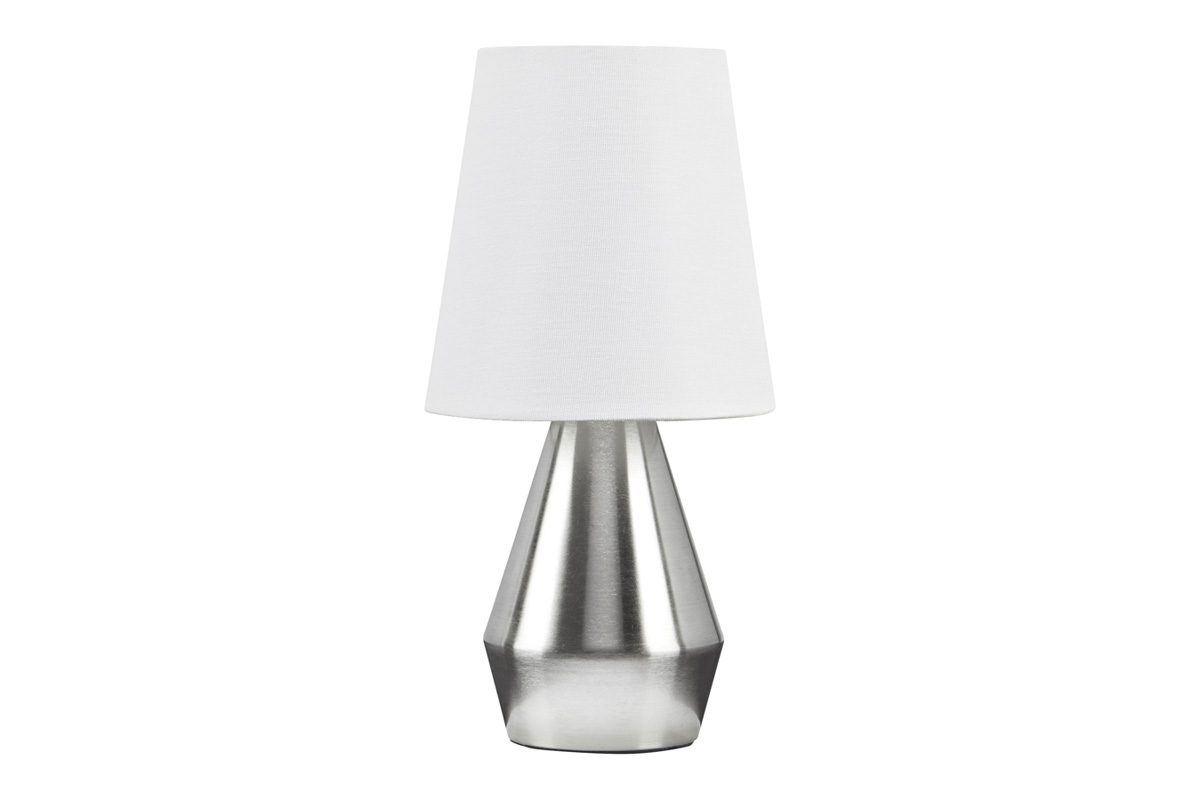 Lanry Table Lamp in Silver with white lamp shade.