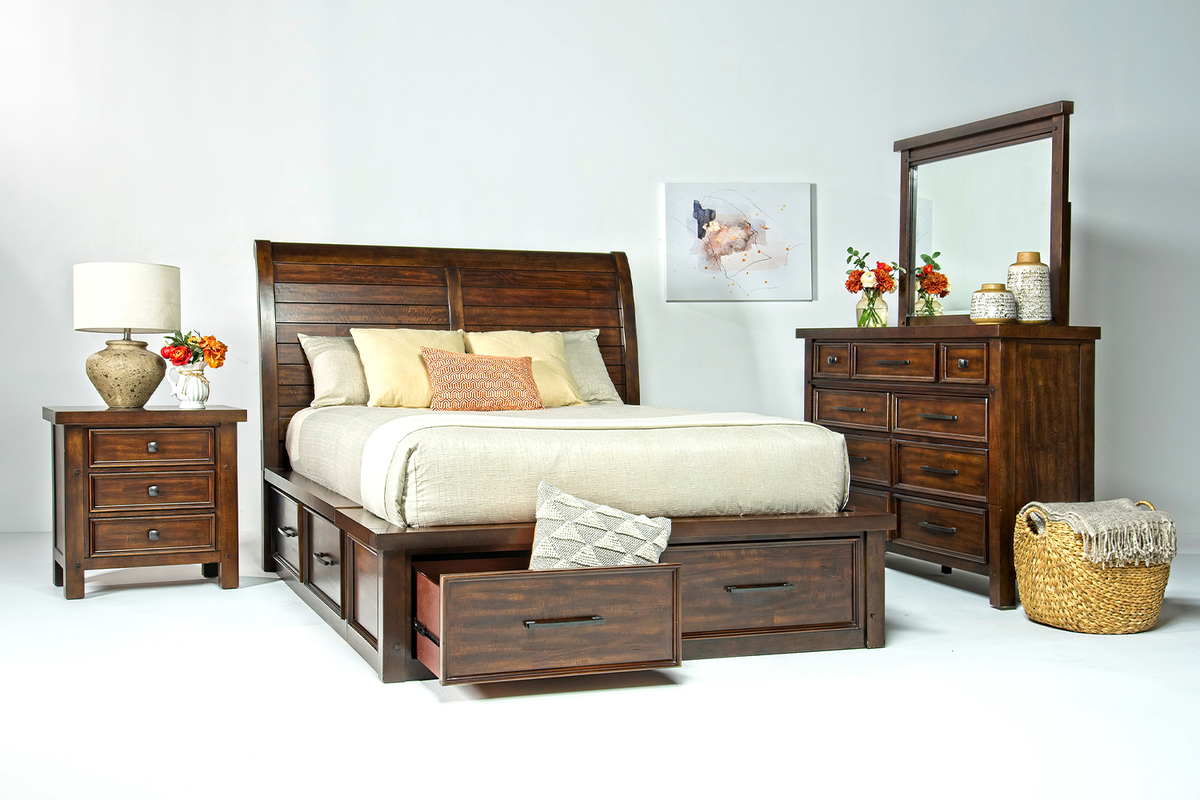 Sonora Sleigh Bed w Storage Dresser Mirror in Espresso Queen