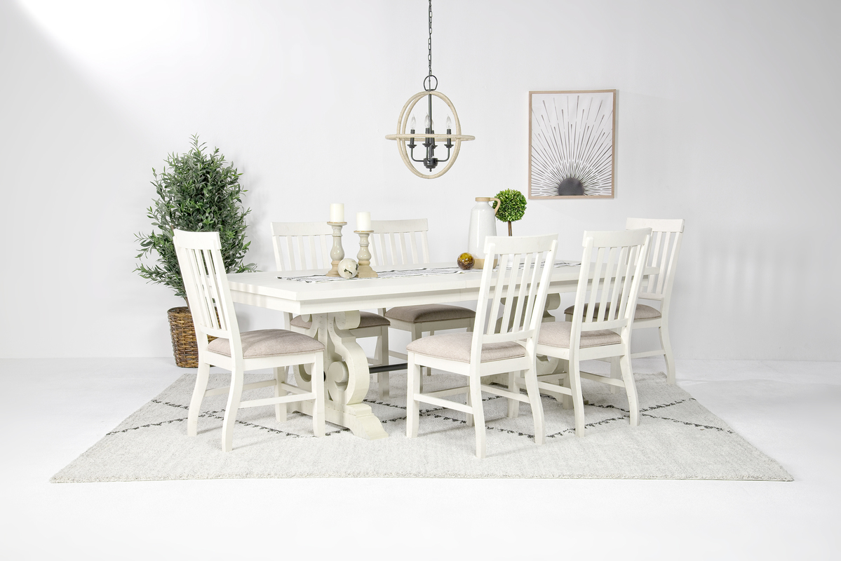 Guilty hole piece Stone Extendable Dining Table & 6 Chairs in White, Upholstered Slat | Mor  Furniture